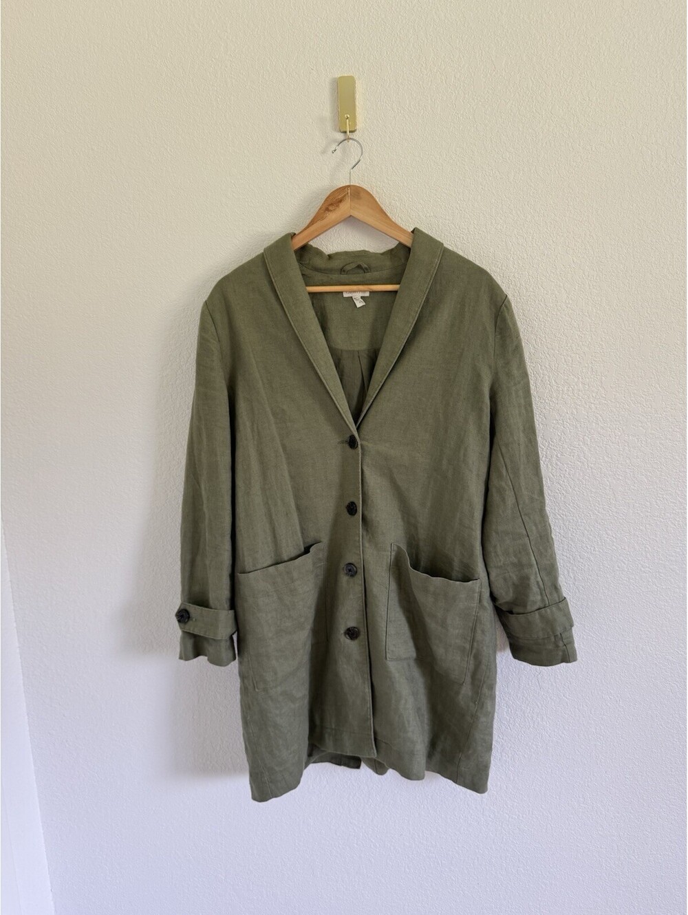 Garnet Hill Women’s Sz Small Relaxed 100% Linen Buttoned Trench Coat Olive Green - Picture 2 of 7